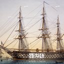First-rank French ship at berth, colour lithograph by Lebreton, 19th century. Genoa Pegli